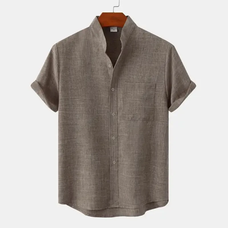 Men's summer simple style solid color linen shirt plus size men's T-shirt retro Hawaii beach casual fashion short-sleeved shirt