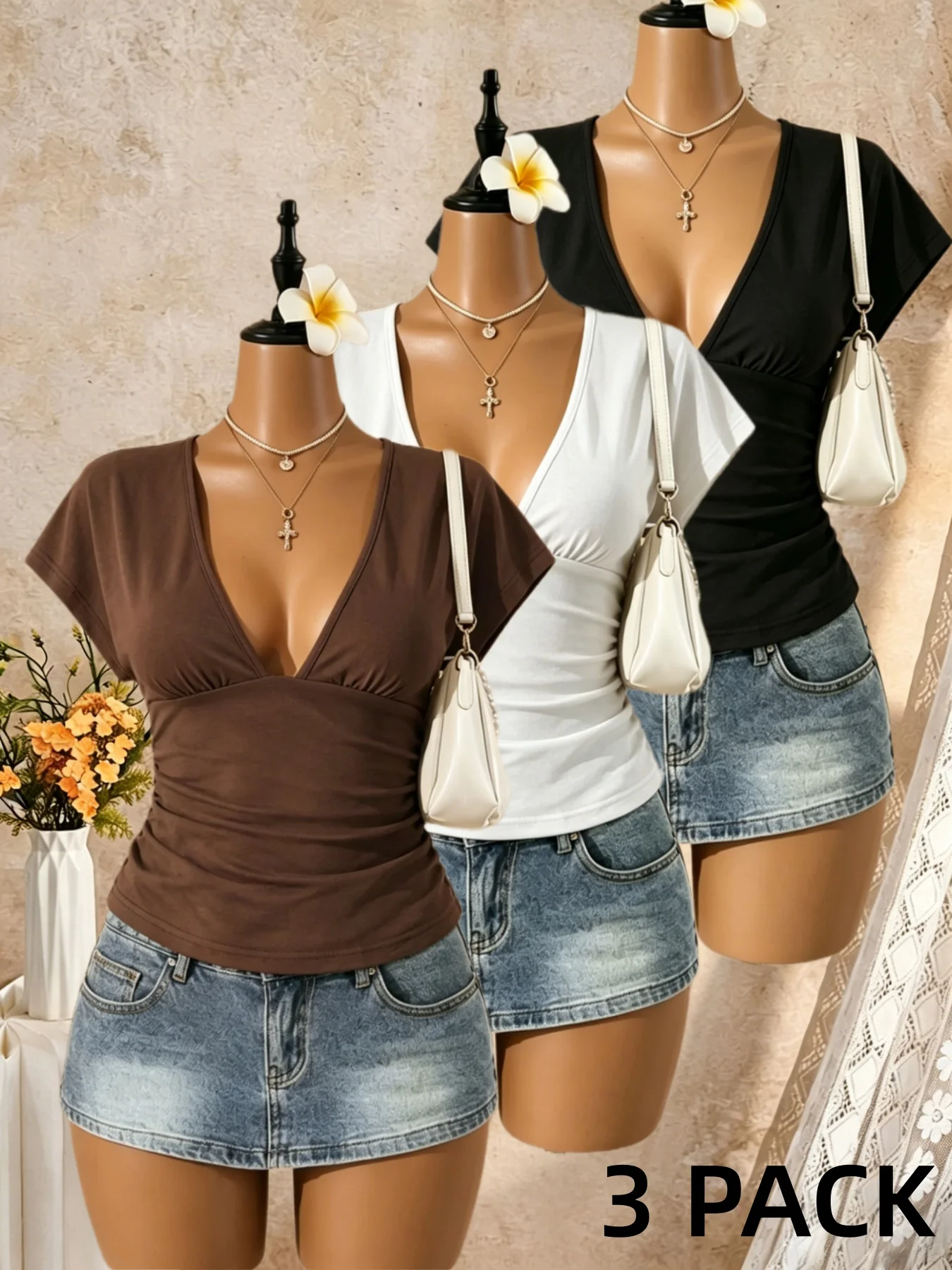 3er-Pack Mehrfarbige Damen T-Shirts mit tiefem V-Ausschnitt, Fledermausärmeln, seitlicher Raffung, schmaler Passform, kurzem Schnitt, Sommer 2026, Y2K, einfarbig, lässig, Streetwear