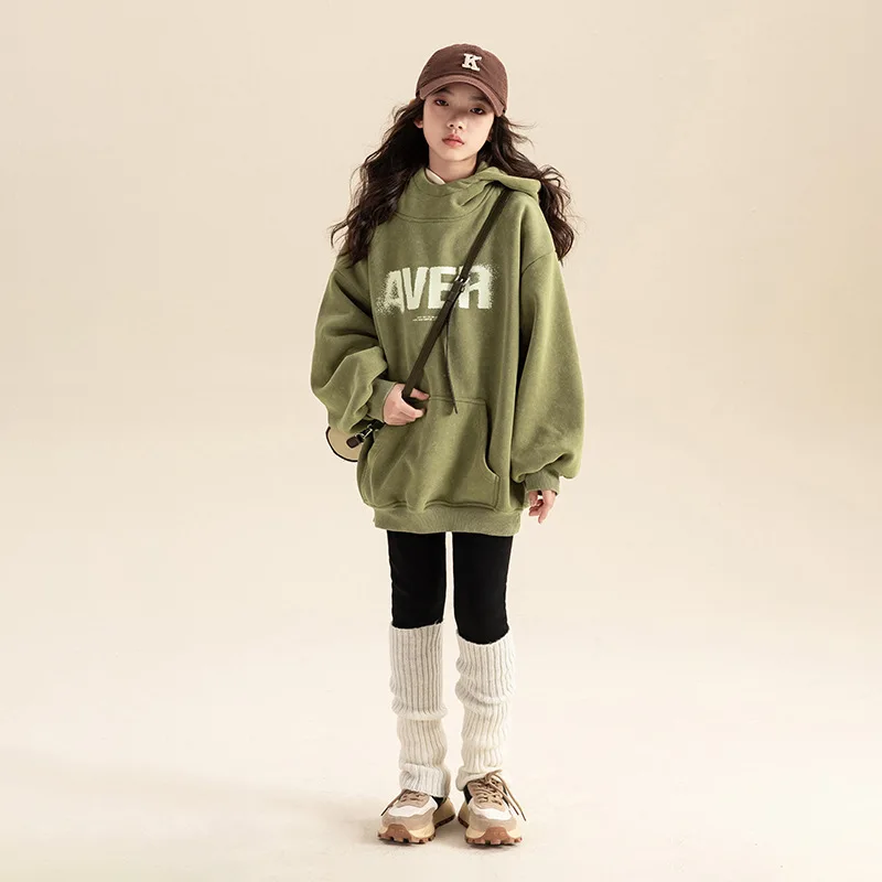 Girls Plush Hoodie Autumn/winter Hooded Loose Top for Children's Winter Western-style Casual Winter Clothing