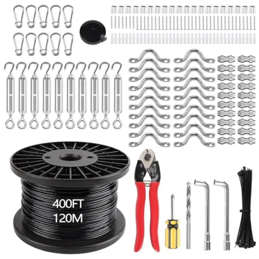 

Комплект для подвешивания гирлянд 400 футов: трос из нержавеющей стали с покрытием для сада, растений, террас и перил