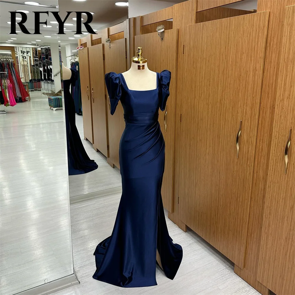 

RFYR Navy Blue Prom Dress Square Neck Satin Evening Dresses Puff Sleeve Mermaid Long Vestidos De Noche Zipper Back Party Dress