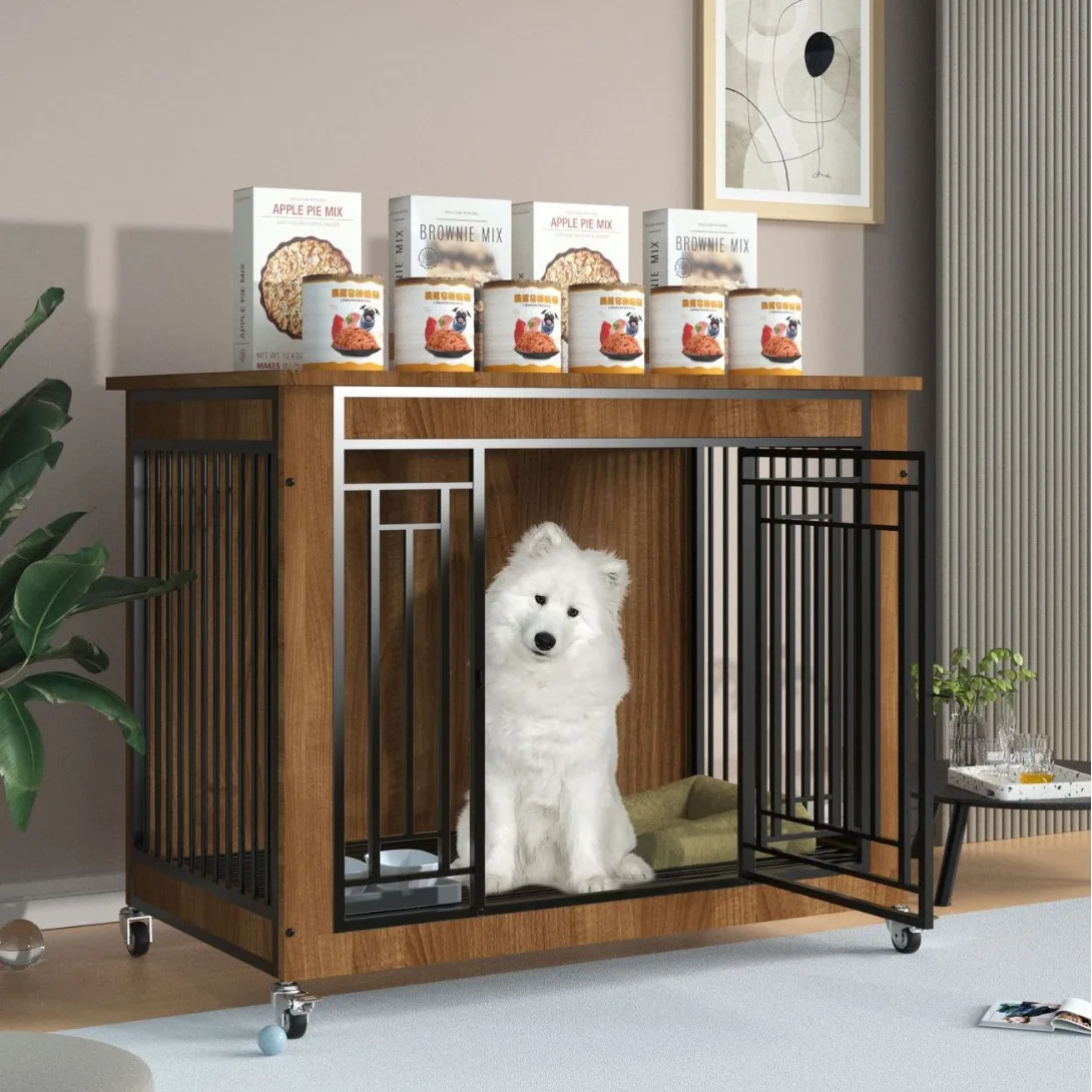 

Solid wood, dog cage, small dog, medium, with toilet, villa, light luxury