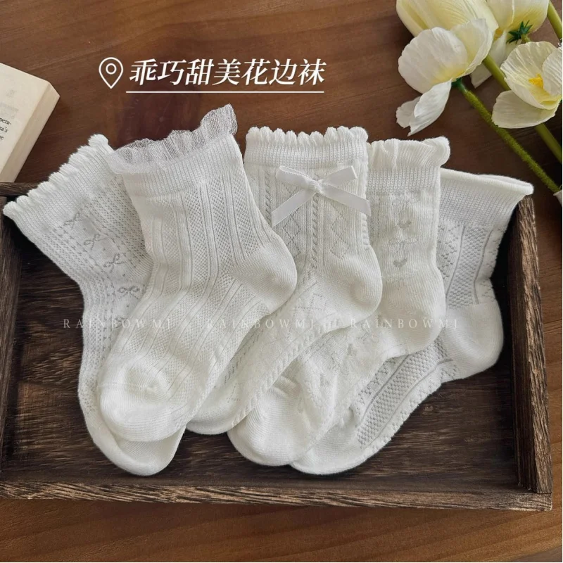 

Носки для девочек, летние тонкие дышащие сетчатые носки, детские весенне-летние кружевные белые короткие носки, носки для маленьких принцесс