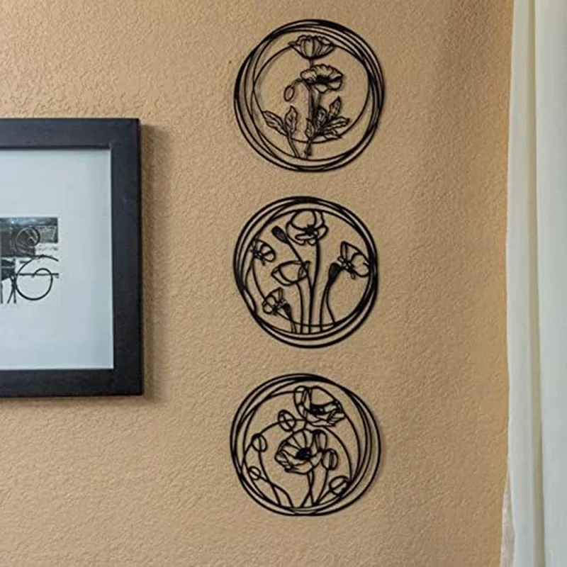 معدن زهرة جدار ديكور مجموعة من 3 ، أسود الأزهار الفن ، فوق السرير ديكور ، الحديثة الجدار الشنق النحت لغرفة ، دائم