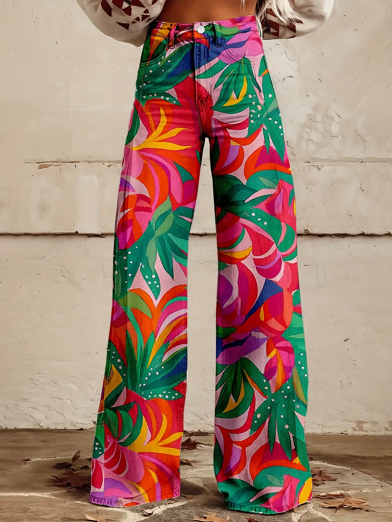  Fashionable and casual 3D printed loose high waisted flared pants imitating denim fabric