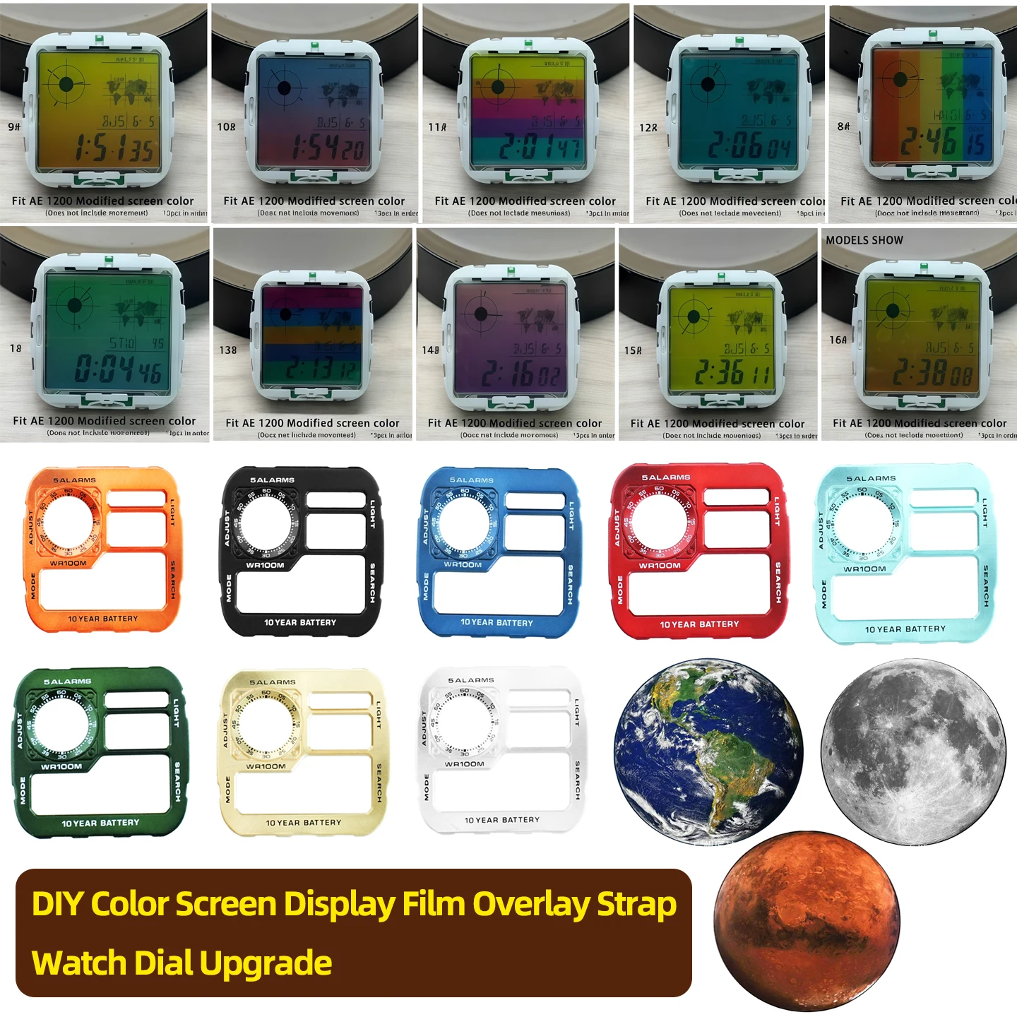 DIY Color Screen Display Film Overlay Strap Watch Dial Upgrade Kit For Casio AE-1200 AE-1300 series Modified Watch Accessories