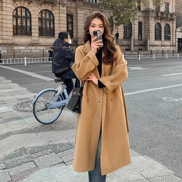 

Lace UP Long Coat Women 2024 Spring Faux Woolen Full Sleeve Female Midi Jacket Fashion Single Breasted Loose Causal Lady Coats