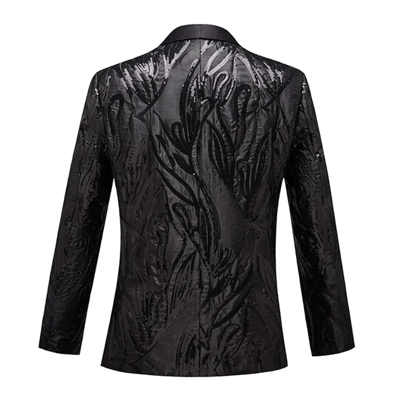 

2026 Men Suit Coat Satin Sequins Bright Fabric Black Color Collar Wedding Party Luxury Design Causal Fashion Slim Fit Men Blazer