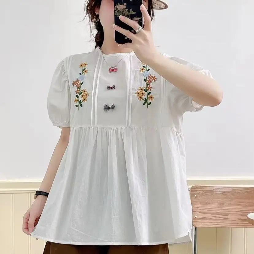 Mori kei clothing sweet bow floral embroidery vintage white blouse Japan style summer short sleeve tops stylish women\'s blouse