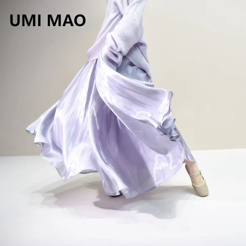 UMI MAO New Pearl Irregular Large Hem Skirt Women Silk Glossy Metallic Slimming Draped Mid-Length Skirt Summer Femme Y2K