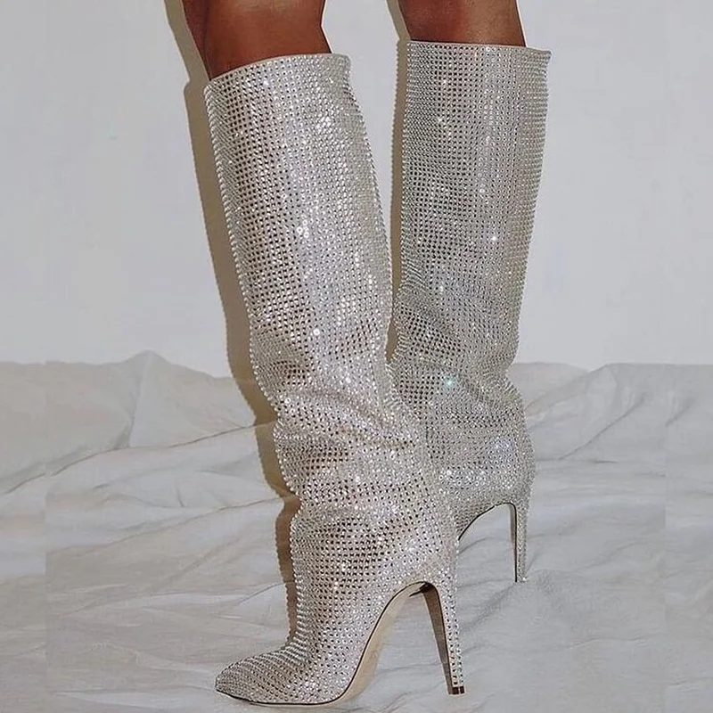 

Bling Bling Crystal Pointed Toe Knee High Boots Slip On Glittering Rhinestone Cover Heels Women Winter Tall Boots Silver