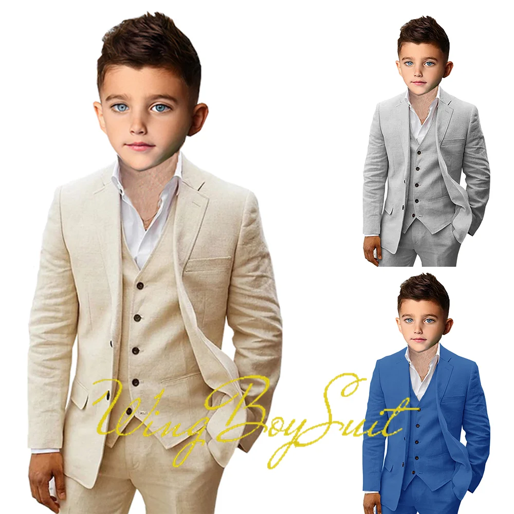 

Summer Linen Boys Suit Pants Vest 3 Piece Set Wedding Tuxedo Kids Beach Party Blazer 2-16 Years Old Custom Clothes