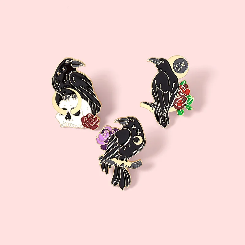 3Pcs Gothic Black Crow Raven Enamel Pins Skull Rose Brooch Vintage Punk Style Lapel Badge for Backpack Jeans Decor image 5
