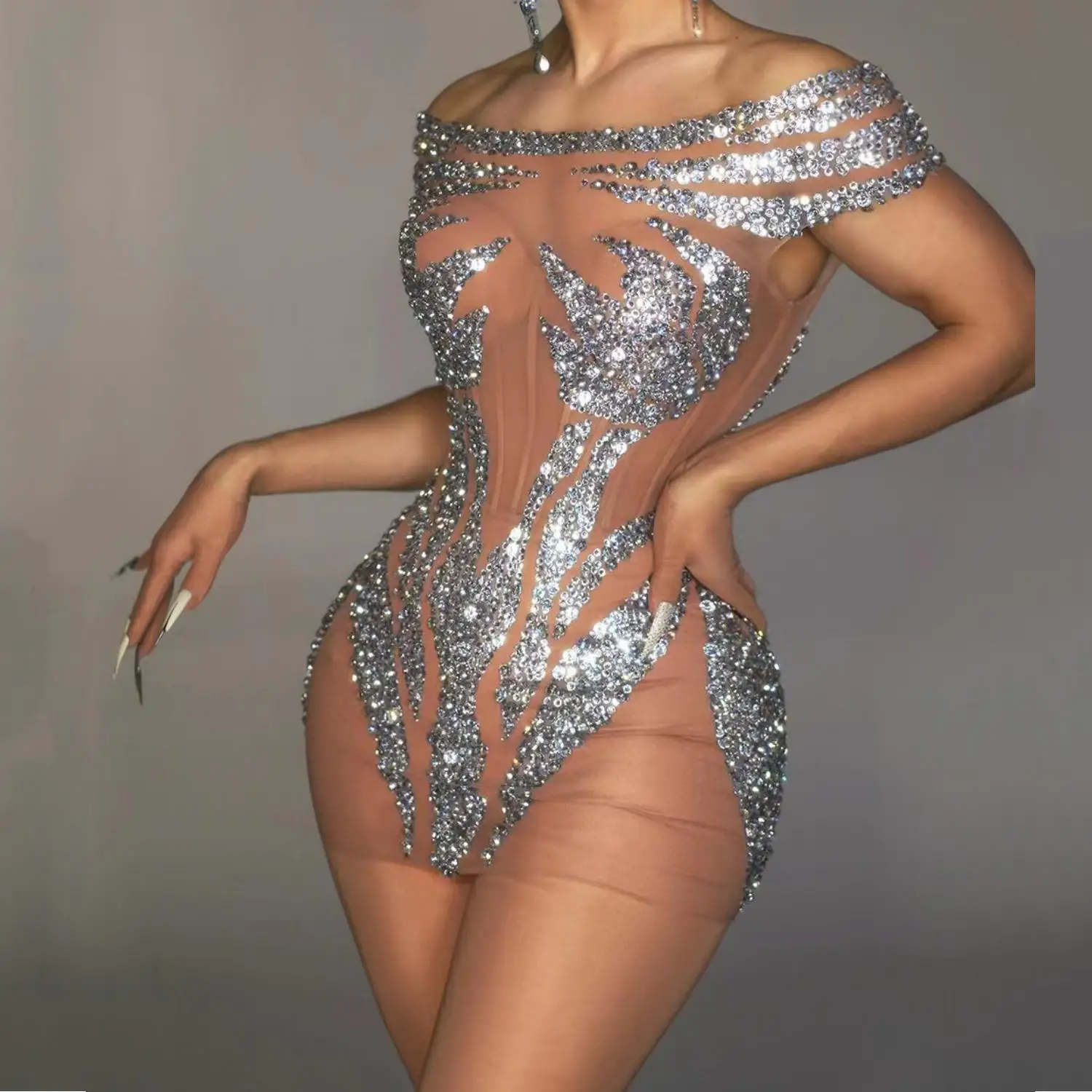 

2024 New Sparkle Silver Rhinestone Sequins Dress for Women Ds Dj Gogo Dancer Singer Club Costume Sexy Drag Queen Outfit Xuelian