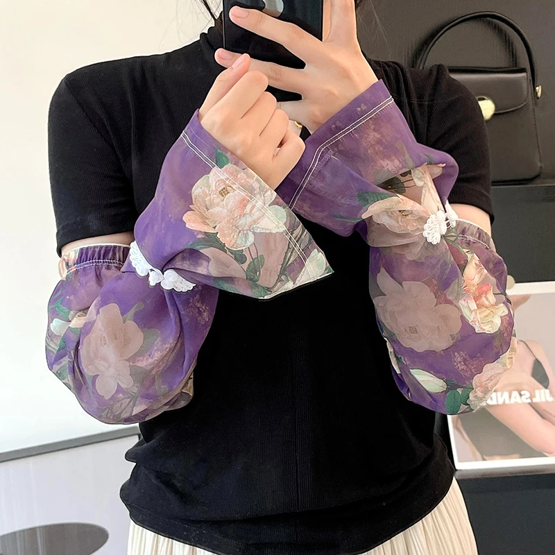 2024 Summer Sunscreen Sleeves New Chinese Style Oil Painting Loose Fingerless Gloves Arm Sleeves Breathable Stylish