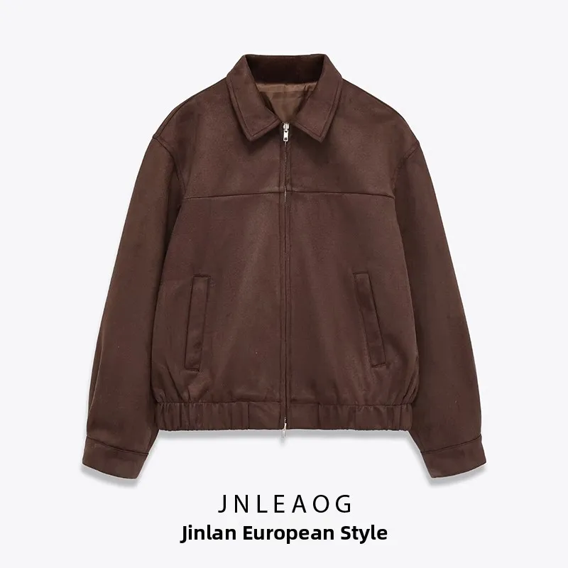 

JNLEAOG Faionable Suede Zipper Jaet Women's Autumn New Sle Loose Fit Long Sve Polyester Coat with Stand Collar