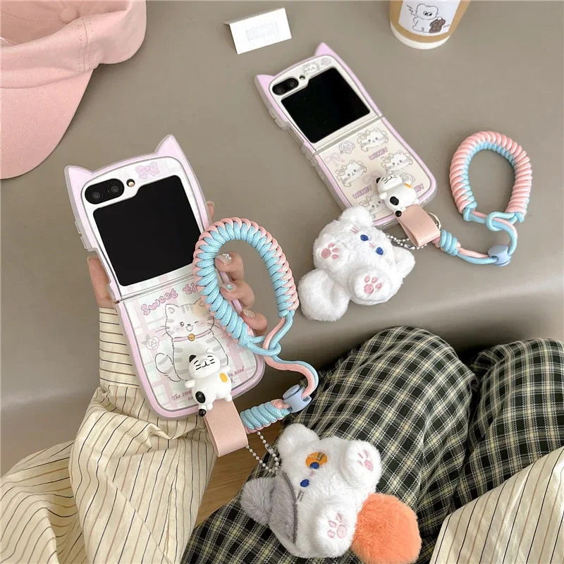Plüsch Katze Anhänger Lanyard Handy hülle für Samsung Galaxy Z Flip 6 5 4 3 Schutzhülle für ZFlip4 ZFlip5 ZFlip6 Hülle