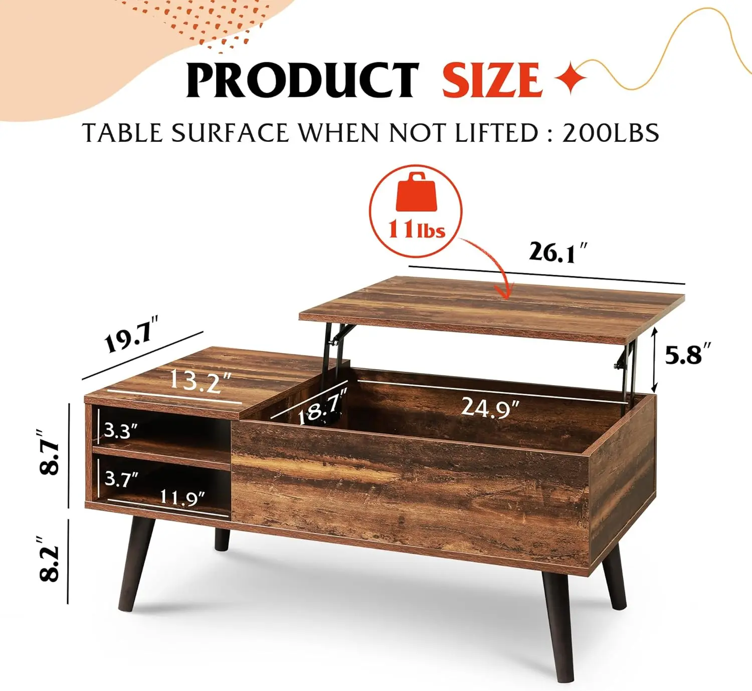 Mesa de centro de elevación de madera con compartimento oculto y estante de almacenamiento ajustable, mesa de comedor de mesa elevadora para el hogar, sala de estar