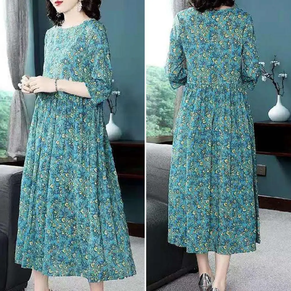 

Flowing Hem Dress Elegant Floral Print A-line Midi Dress with Pleated Big Hem Half Sleeves for Women for Dating Commuting Plus