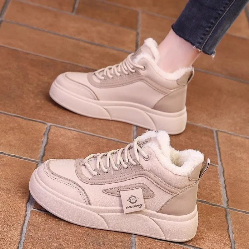 Winter Thick-Soled Snow Boots with Fleece Lining Knitted Patchwork Lace-Up Height-Increasing Short Boots Versatile Women's Boots