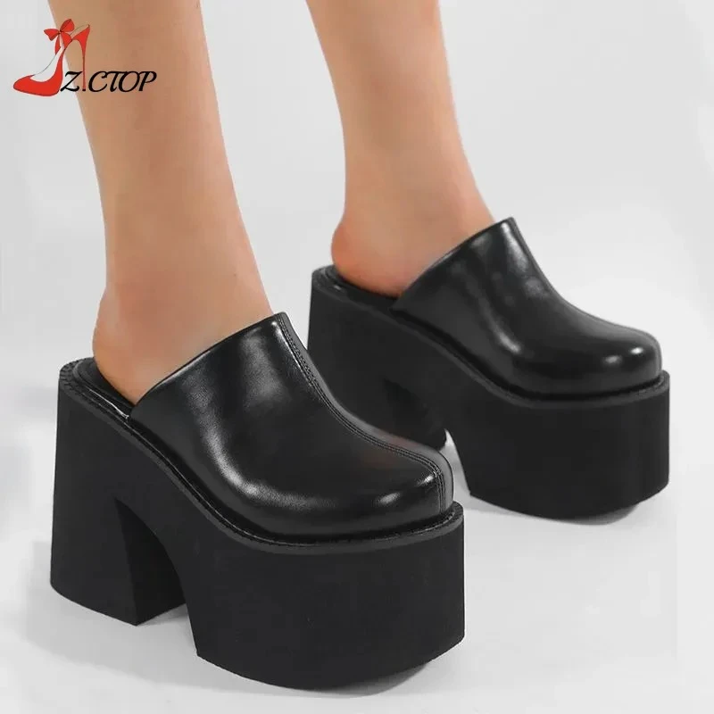 

11cm Closed Toe Chunky Heeled Slippers Women Black Punk Platform Sandals Summer Super High Heels Ladies Shoes Size 42 43