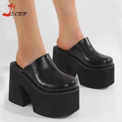 11cm Closed Toe Chunky Heeled Slippers Women Black Punk Platform Sandals Summer Super High Heels Ladies Shoes Size 42 43