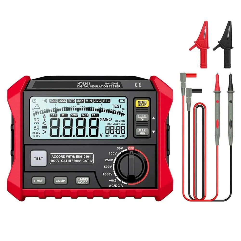 HT5203 Insulation Resistance Tester for Industrial Maintenance Featuring 180x140x65mm Compact Design ABS Housing and Backlit LCD