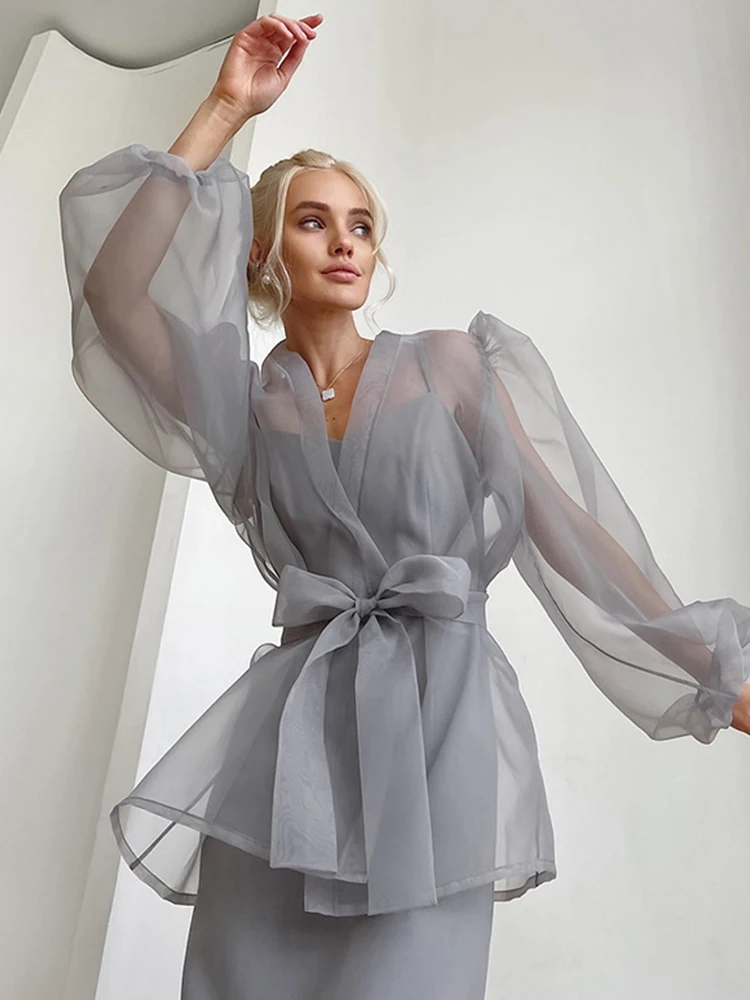 2023 Spring Summer Women Elegant Solid Grey Mesh Shirt Ladies Sheer Long Sleeve Chiffon Blouse For Woman Female