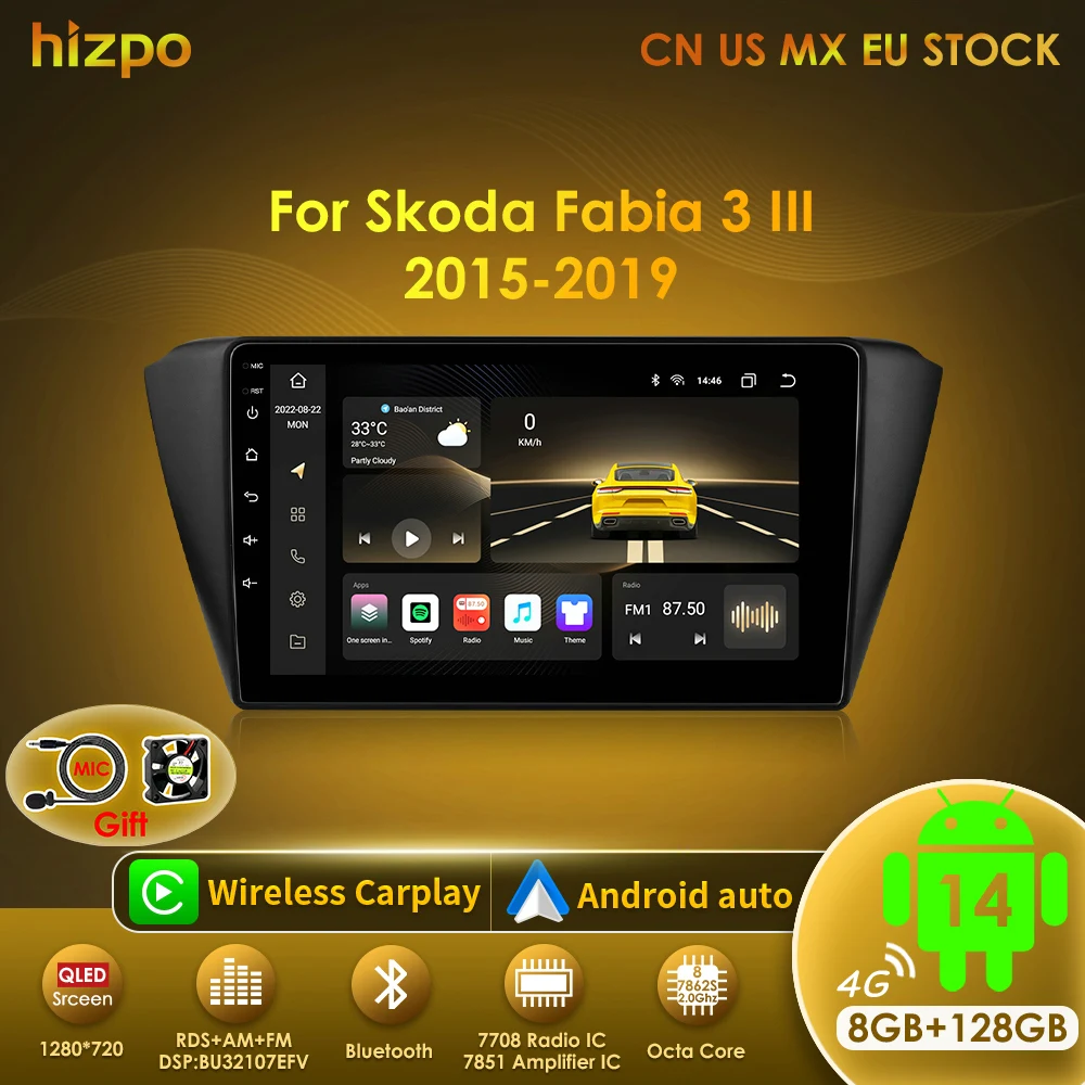 Hizpo Head Unit Car Intelligent Systems For Skoda Fabia 3 III 2015 - 2019 Touch Screen AI Voice Android 14 RDS Navigation DSP 4G