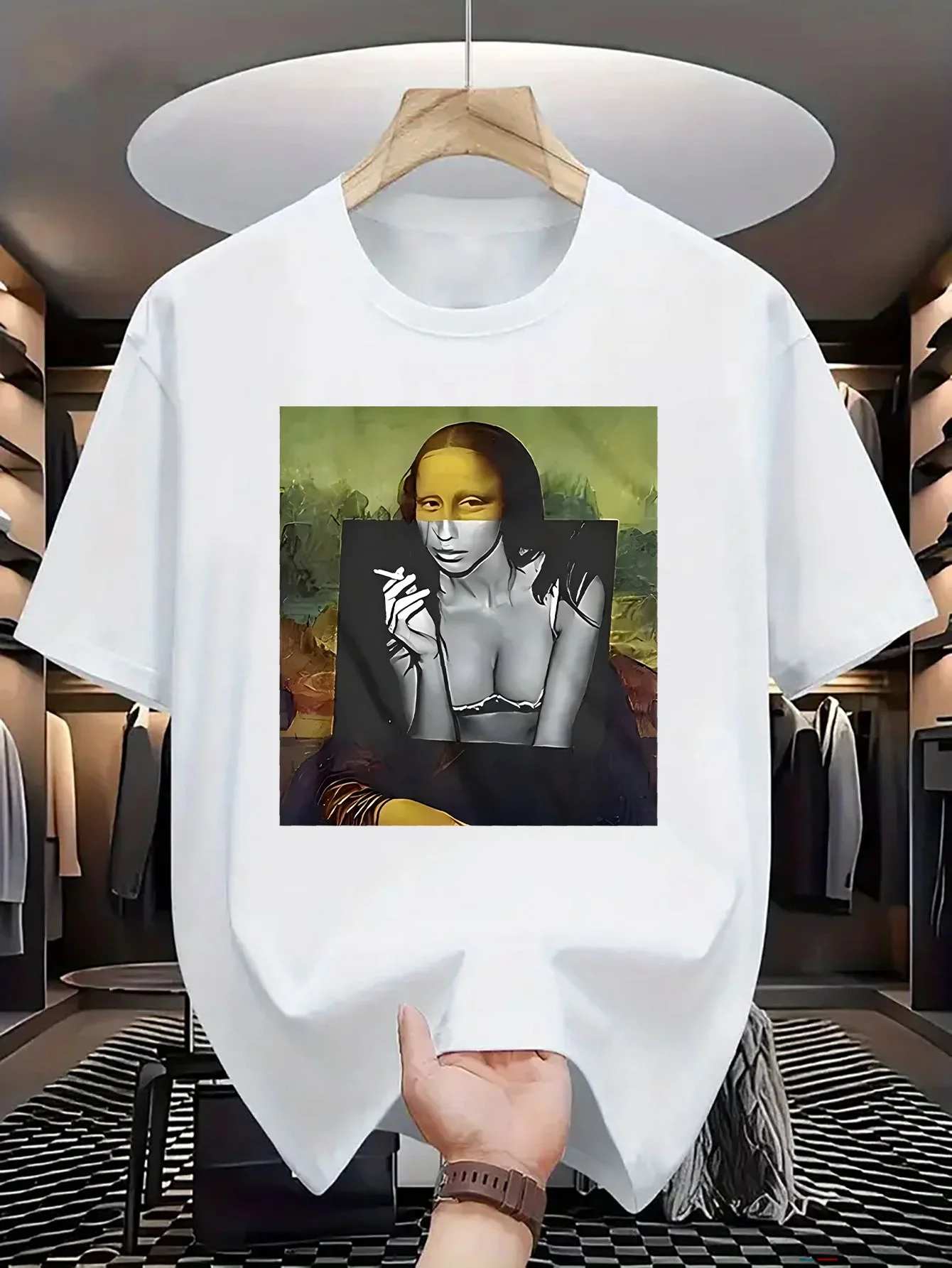 الرجال الإبداعية الموناليزا الفن تي شيرت مطبوع مضحك الفكاهة الرجعية قصيرة الأكمام لينة تنفس قصيرة الأكمام الشارع Harajuku الهيب هوب