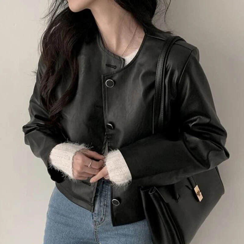 Chaqueta de motocicta de cuero PU de manga larga con cuello redondo Vintage e, ropa de abrigo informal versátil par...