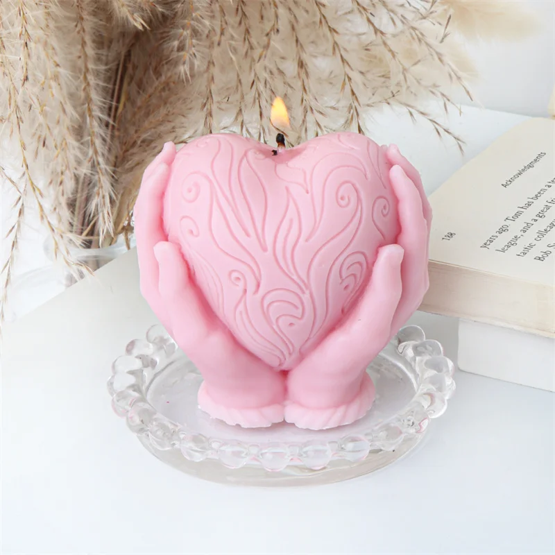 Hands Holding Love Silicone Candle Mold DIY Love Rose Shapes Candles Gypsum Soap Valentine's Day Home Decor