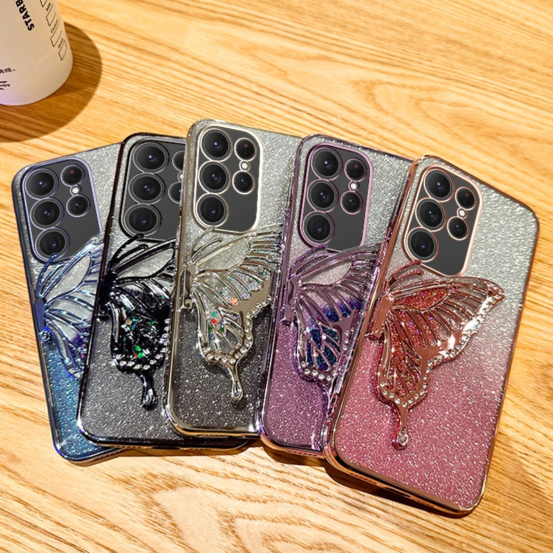 3D Liquid Sand Butterfly Electroplated Glitter Case for Samsung Galaxy S24 Plus S23 S22 Note 20 Ultra 10+ S21 FE S20 S10 S9 Etui