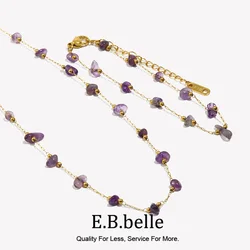 E.B.belle Natural Crushed Stone Purple Bracelet Colorful Stone Crystal 316L Stainless Steel 18K Gold Plated Necklace