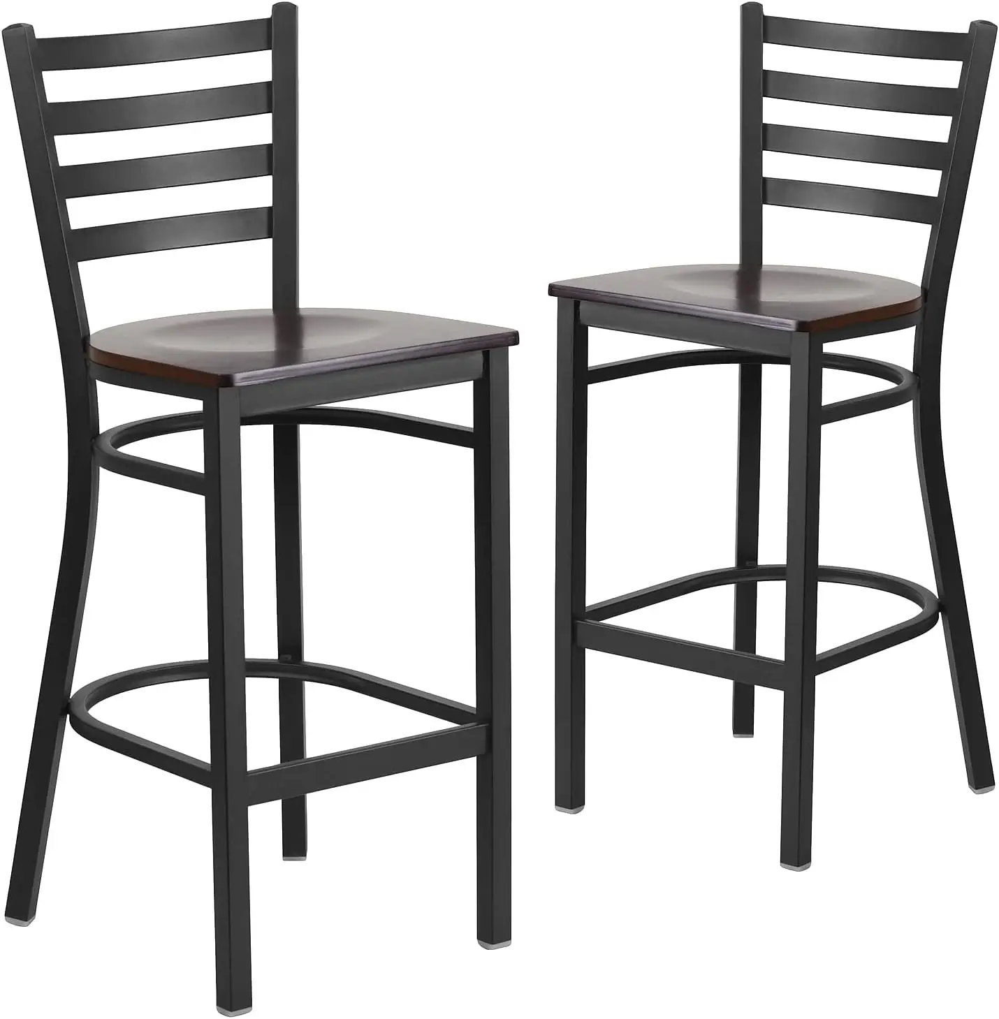 2 Pack Hercules Series Black Ladder Back Metal Restaurant Barstool - Walnut Wood Seat