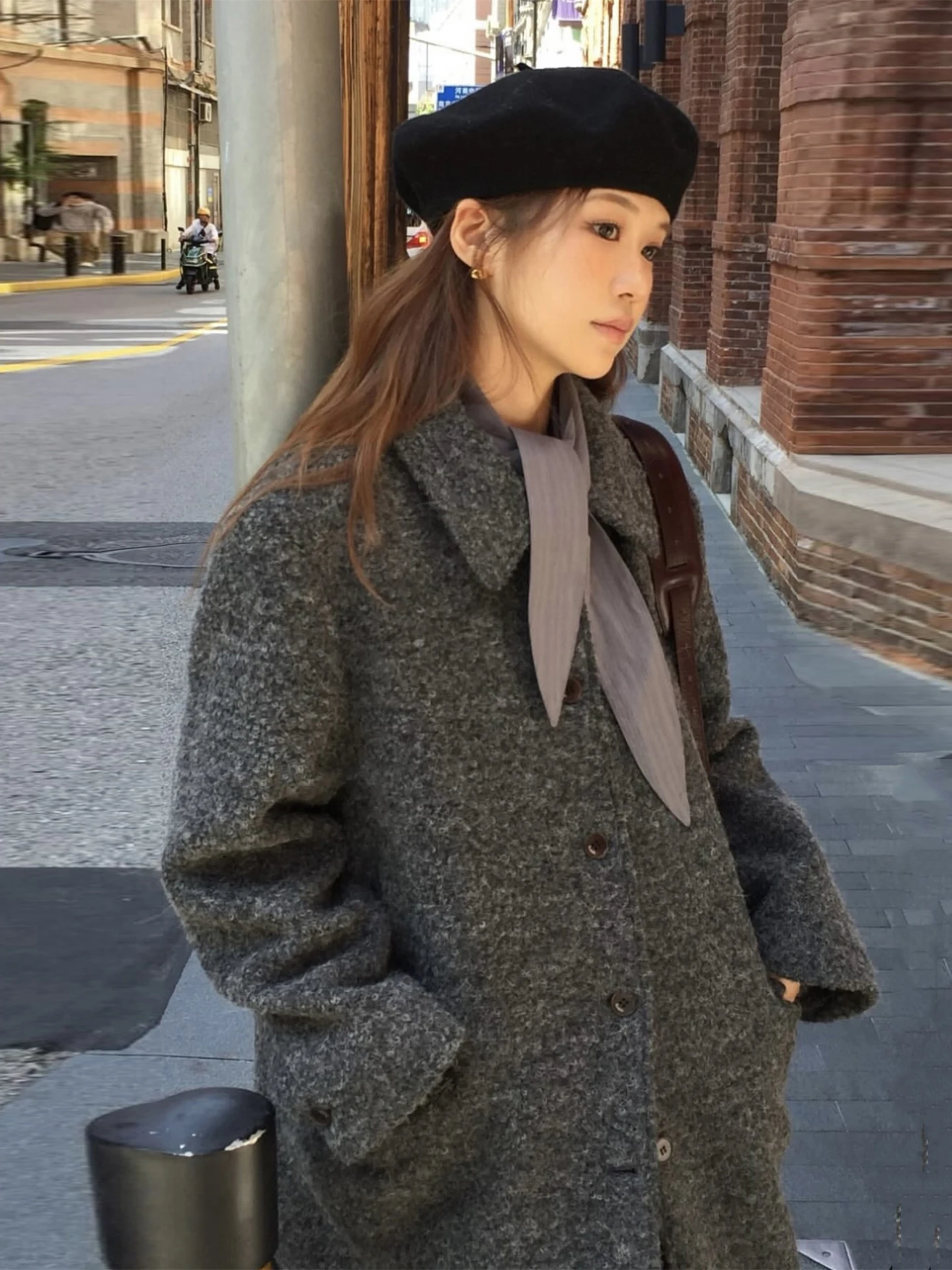 

Retro Lapel Double ket Single Button Woolen Coat Women's Loose Mid-Length Outerwear Korean Sle Long Sve Winter Coat