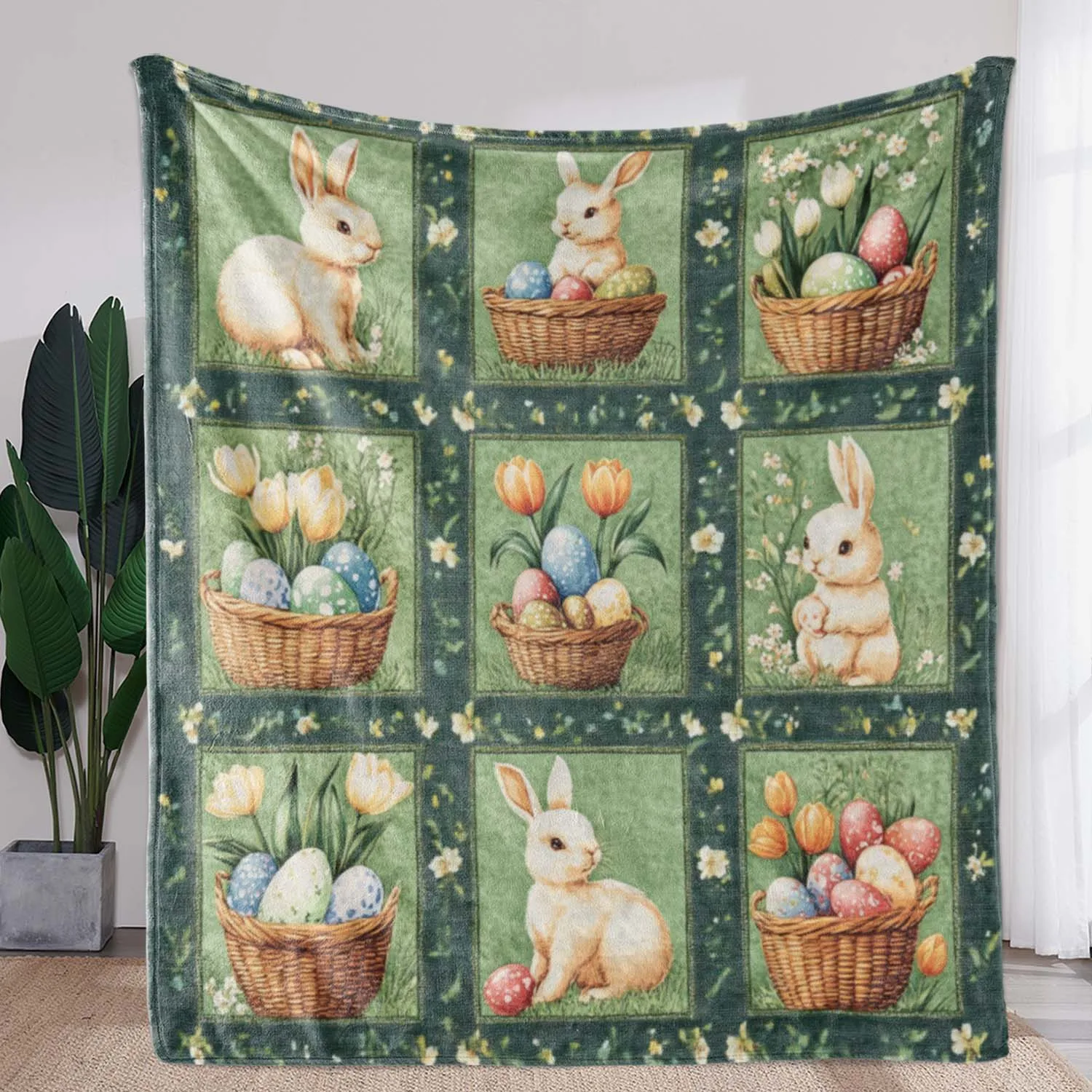 VIKAMA Decke mit Osterhasen-Tulpenblumen-Motiv, weiche und bequeme Flanelldecke, Sofa, Bett, Auto, Büro, Heimdekoration
