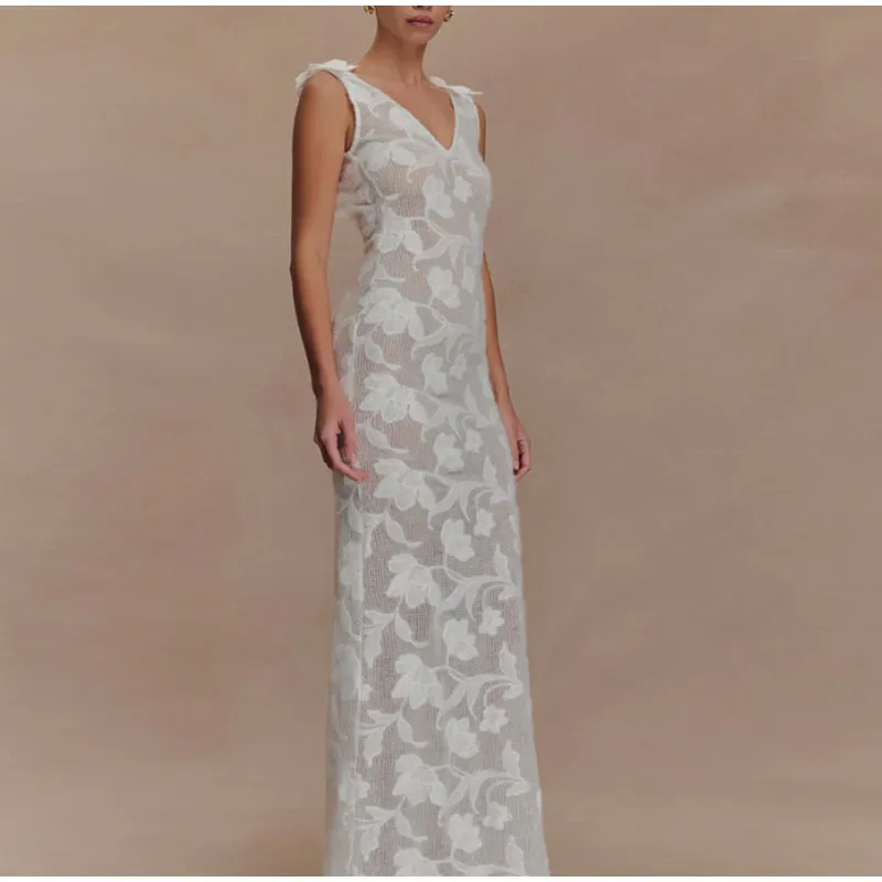 

Fashion White Lace Print Backless Long Dress V-neck Sleeveless Bodycon Maxi Dresses For Women Fashion Summer Sexy Party Robe