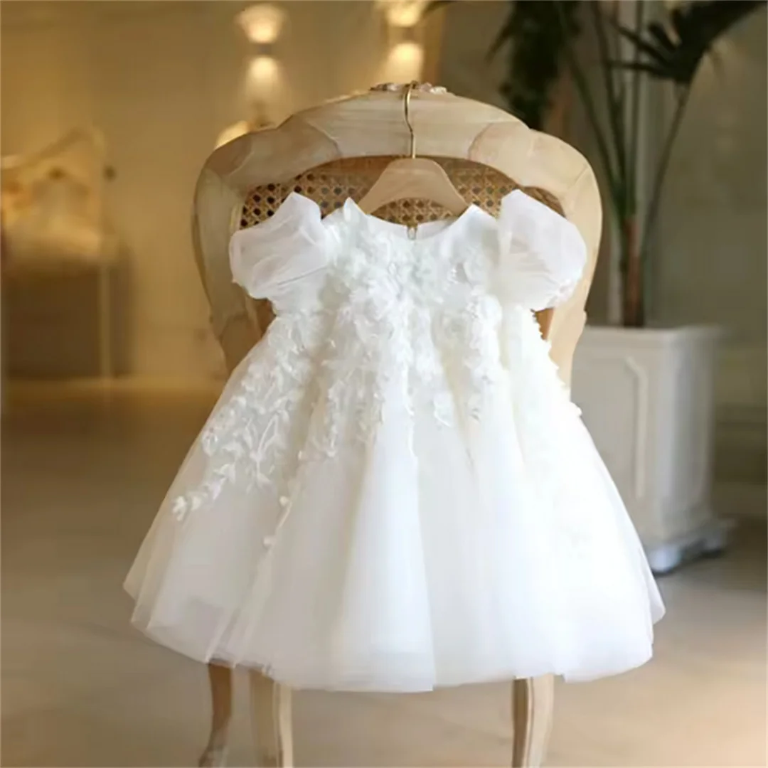 White Tulle Flower Girl Dresses For Wedding Applique Puffy With Bow Cute Kids Baby Pageant Birthday Party Dress Ball Gowns