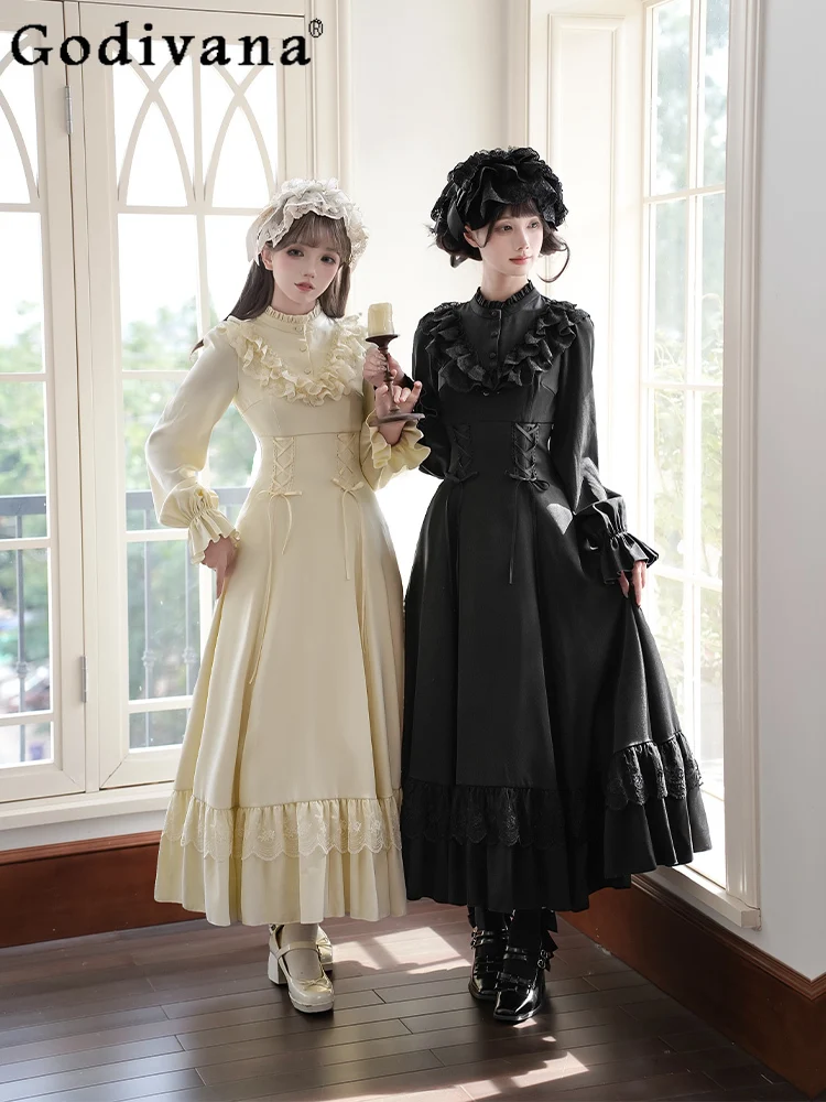 

Original Elegant Long Sleeve Dress Lace Shawl Set Autumn New French Elegant Slim Fit Lolita Long Dress Princess Tea Party Dress