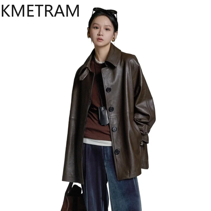 KMETRAM 100% Giacca in pelle di pecora naturale di media lunghezza Trench casual 2025 Autunno Giacca in vera pelle Donna ropa mujer