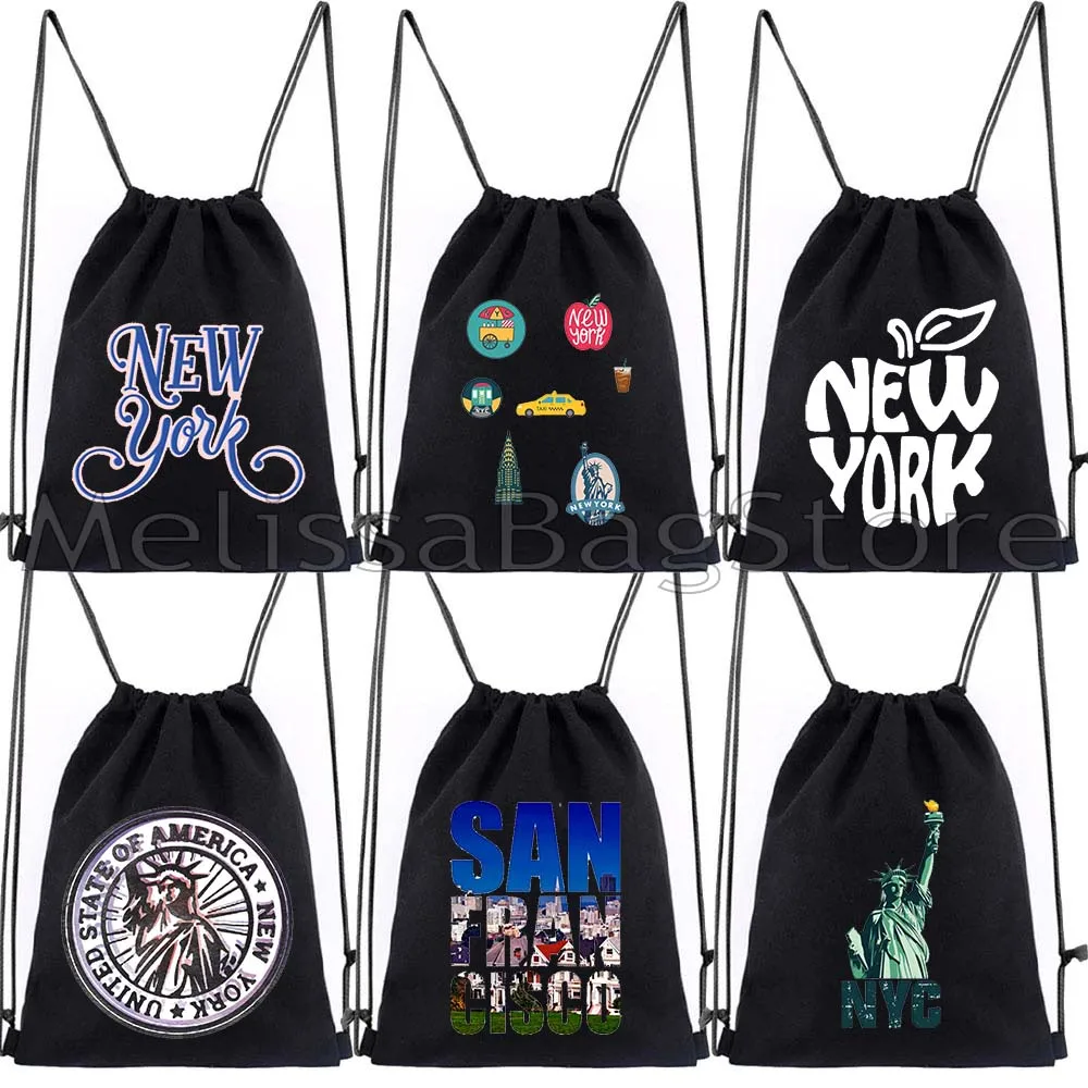 

New York City The Big Apple NYC Cute Gifts Statue Of Liberty Stamp San Francisco Lettering Drawstring Bag Backpack Gym Sackpack
