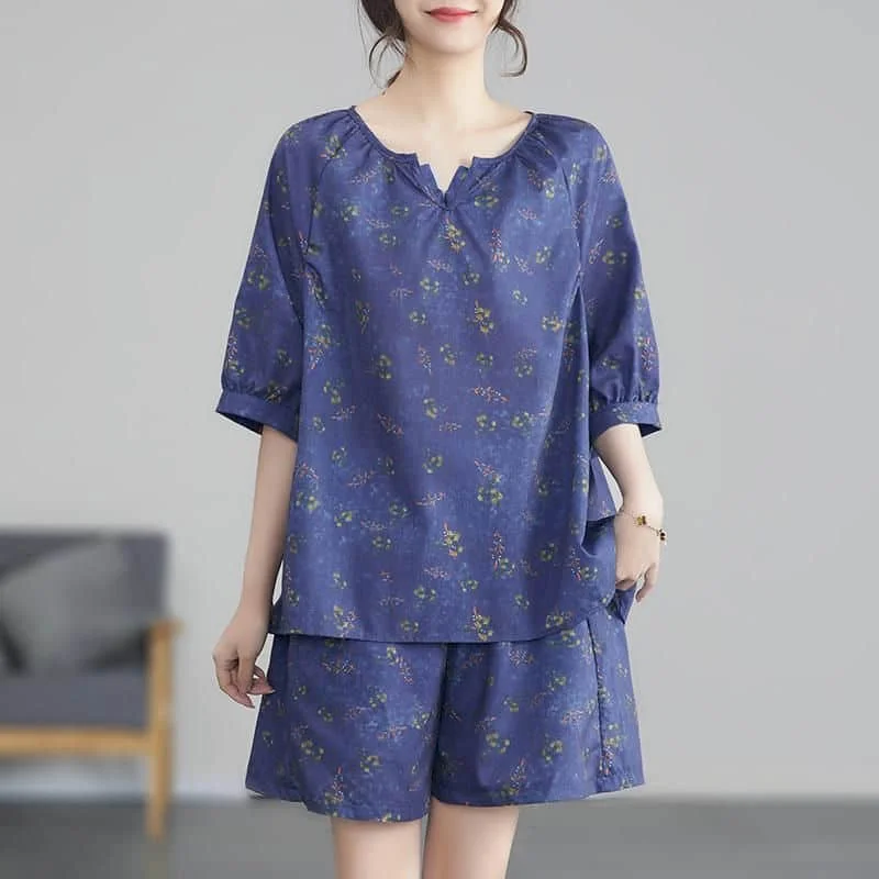 

Женский винтажный комплект из рубашки с коротким рукавом и круглым вырезом и широких брюк с эластичным поясом