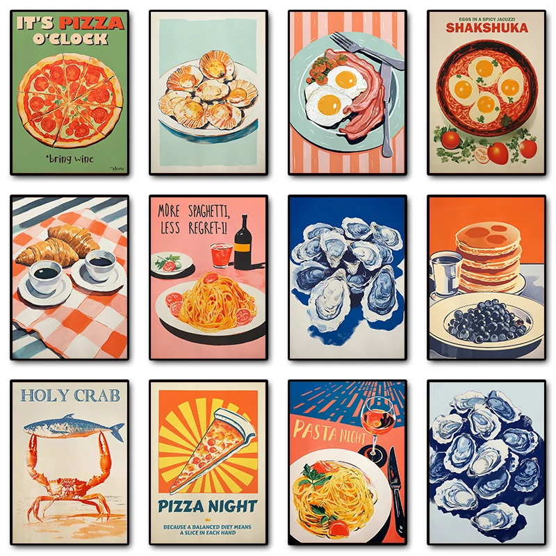 Póster de comida Vintage, huevos, tocino, espaguetis, panqueques, mariscos, queso, lienzo, pintura, arte de pared, imagen, cocina, restaurante, decoración del hogar