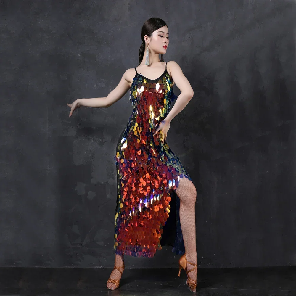 

Belly Dance Long Dresses Mermaid Costume Women Dance Wear Spandex Stretchy Satin Multicolor Squama Sequins Strap Dress
