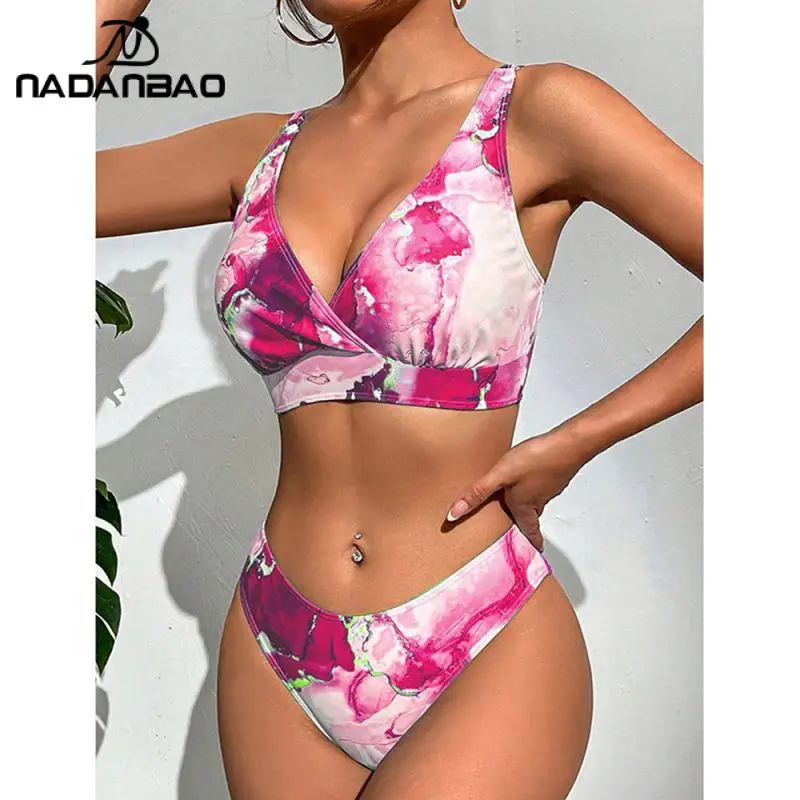 Nadanbao Sexy Deep V Bikini Sets Women Backless Fashion Swimwear Dress Female Beach Party Bandage Plicated Bikini Suits New