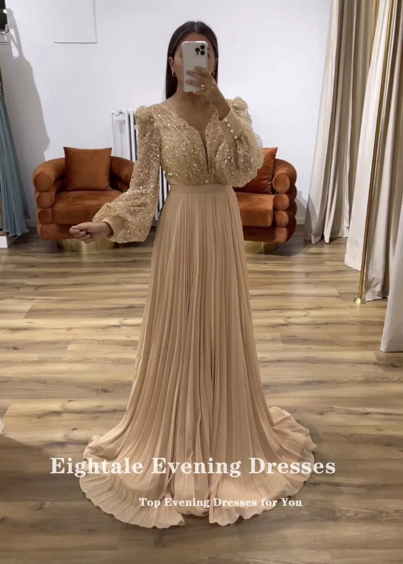 Eightale Elegant Evening Dress Champagne V-Neck Sequin Long Sleeves Customized Chiffon Prom Party Gown Arabic Robes De Soirée