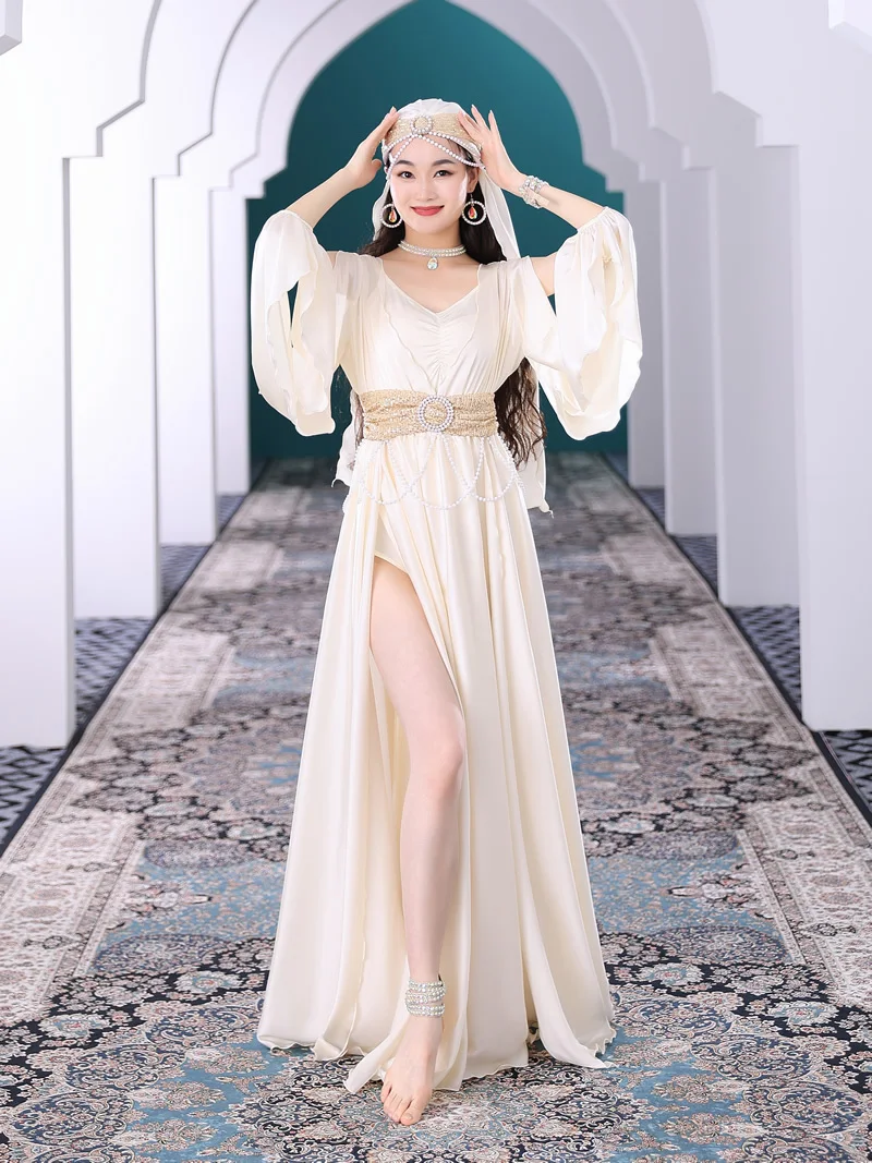 silk eastern dress Anewsta White Gold Trim Loose Long Metallic Printed Flared Maxi Wedding Guest Party Formal Gowns Flare Sleeve Notched Neck Elegant Middle Ea,M