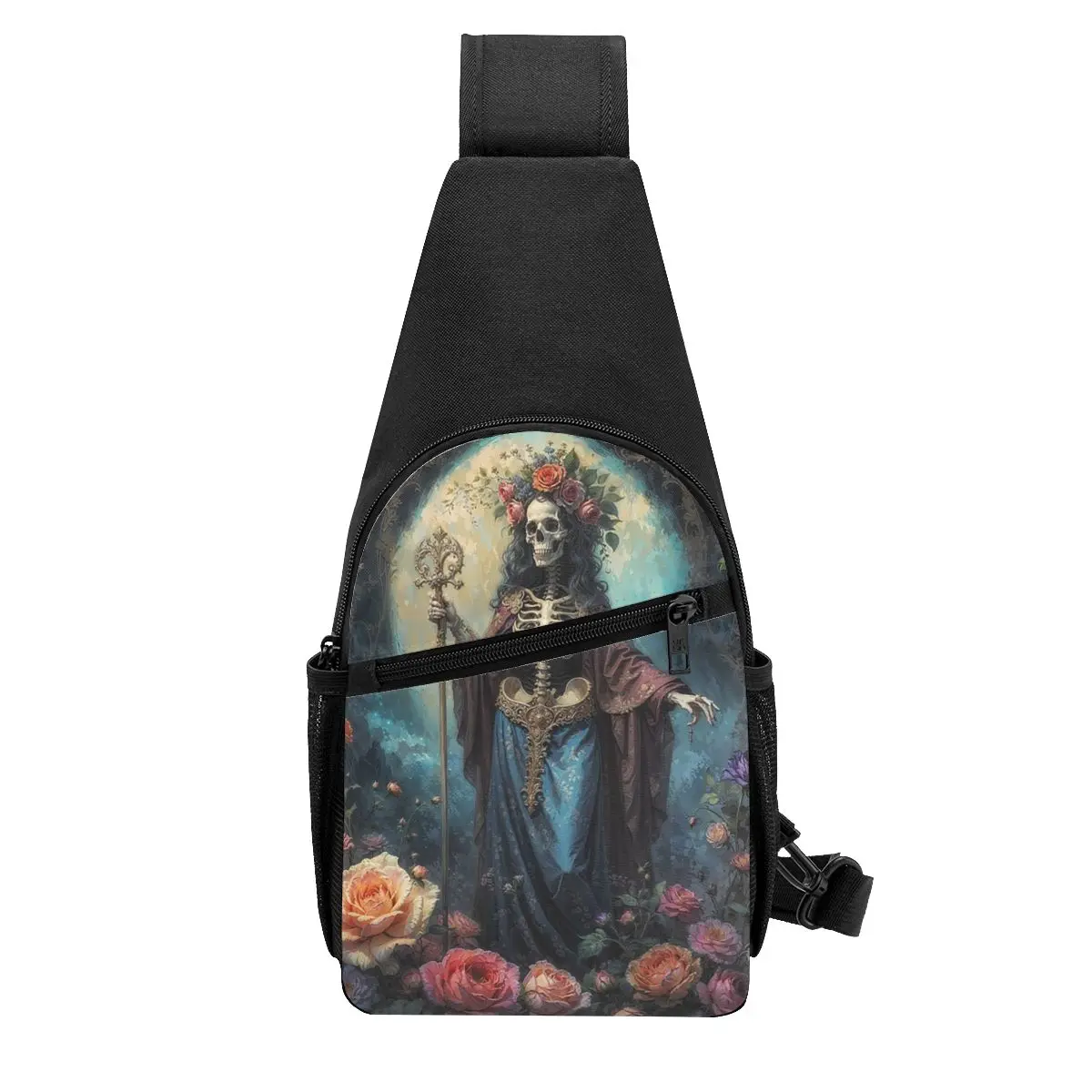 

Santa Muerte Spanish Chest Bag Men Sling Crossbody Backpack Chest Bag Travel Hiking Daypack Shoulder Bag