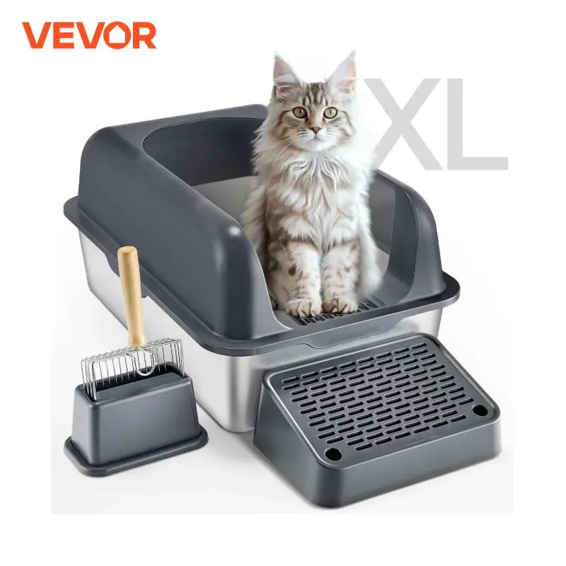 VEVOR Cat Litter Box 6 inches Deep Extra Large Stainless Steel Cat Litter Box with Scoop Wide Filtering Foot Board & High Sides